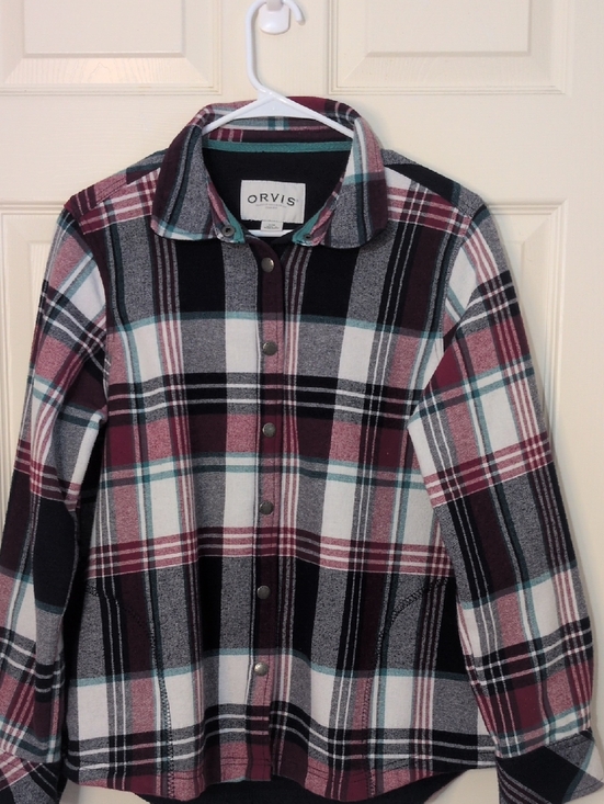 Orvis Tops - Orvis Plaid Snap-Front Jacket - Burgundy, Black, White, Teal With Pockets.